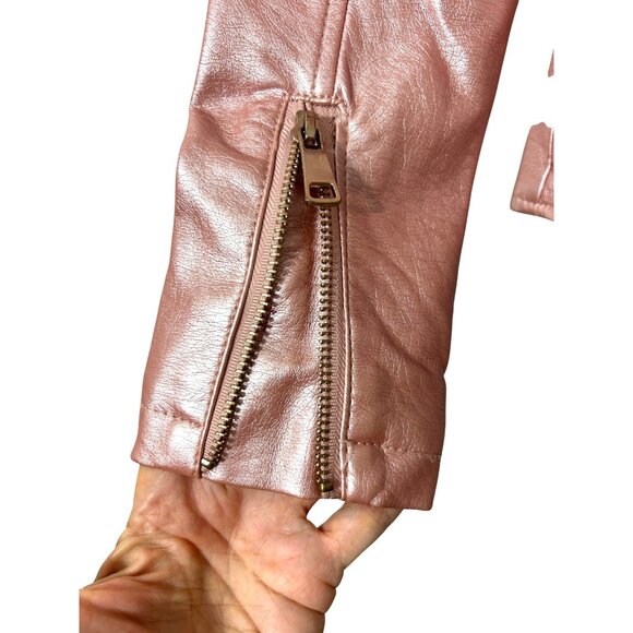 Ci Sono Kids Girl Moto Biker Jacket 8 Metallic Pink Faux Leather Zipper Pockets - Picture 10 of 14